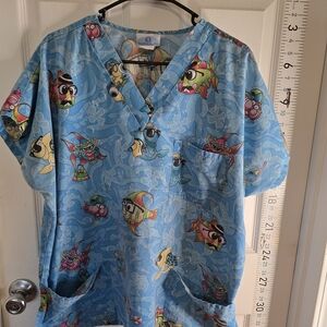 Blue Cartoon Fish Print Medical Scrub Top